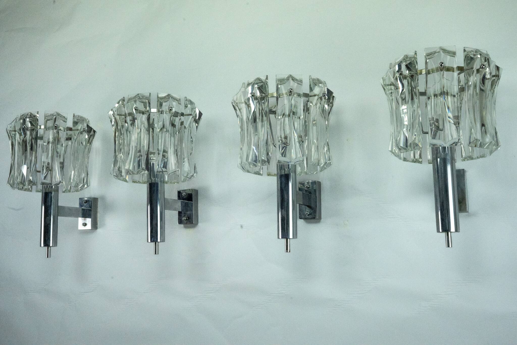 Set of four large Murano glass elements and chromed brass sconces, Italy 60