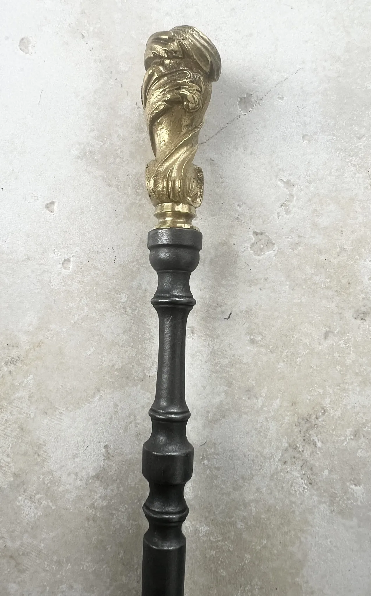 19th-century cast iron fireplace set, bar, andirons & plaque with griffins