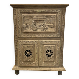 Breton style bar cabinet carved in raw wood