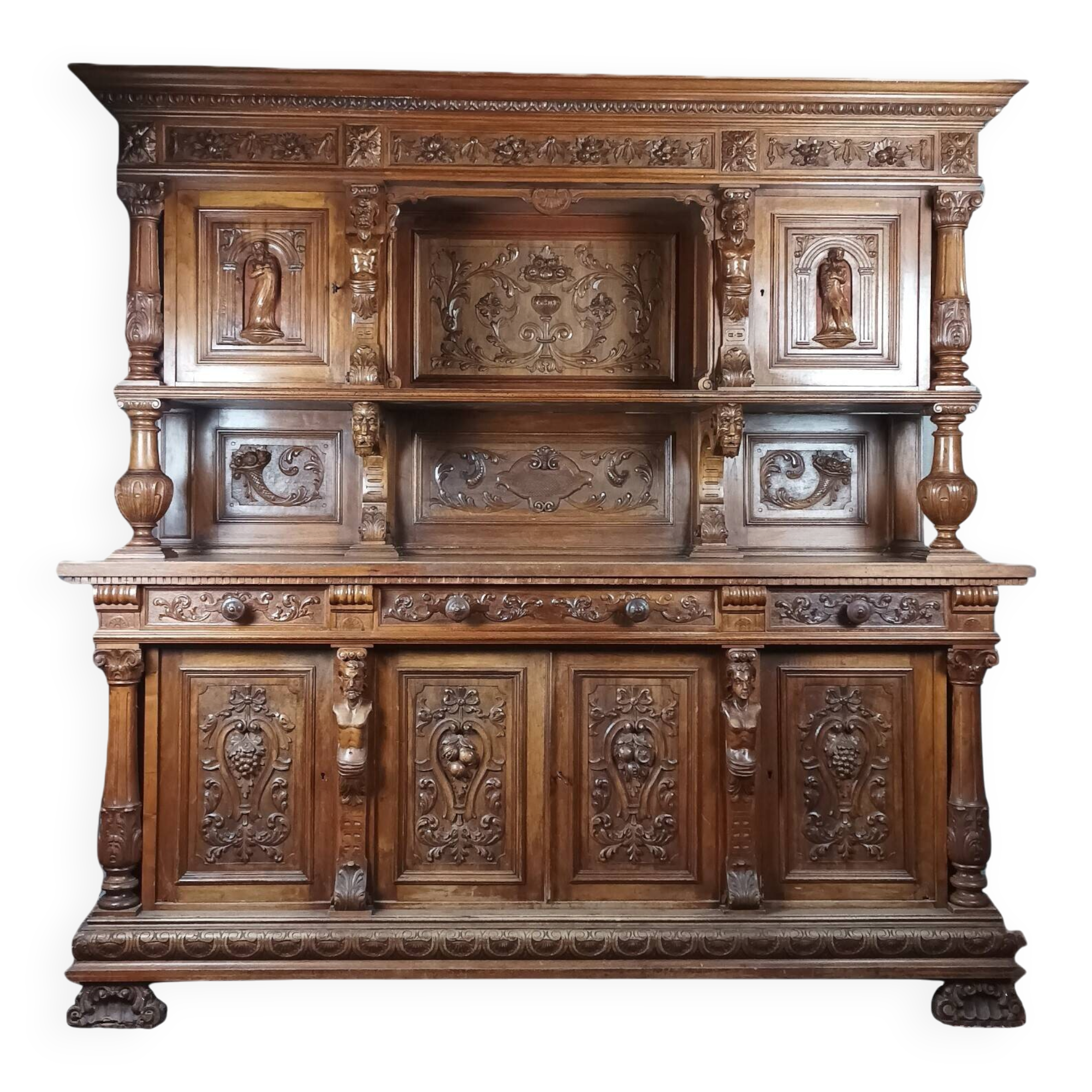 19th-century walnut buffet with two bodies.