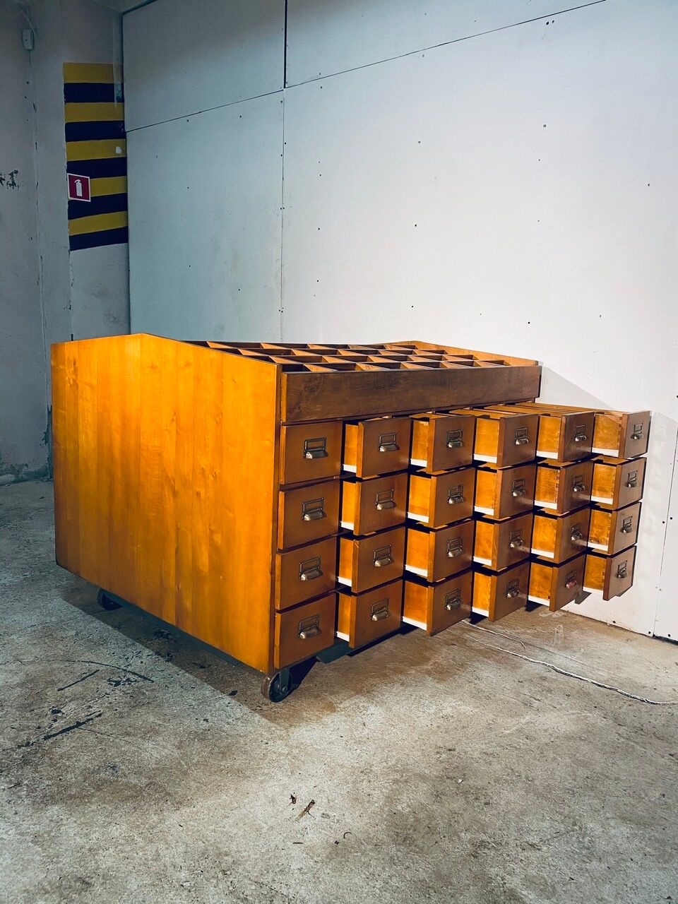 Double-sided wooden industrial filing cabinet with 48 vintage drawers