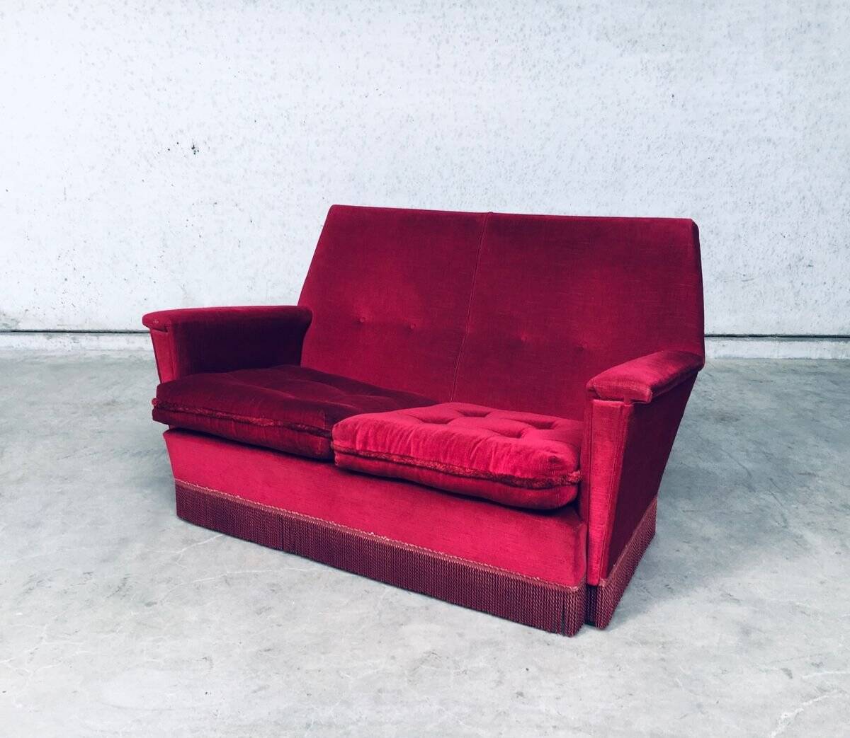 Hollywood Regency Style Fuchsia Velvet 2-Seat Sofa with Fringe, 1960s