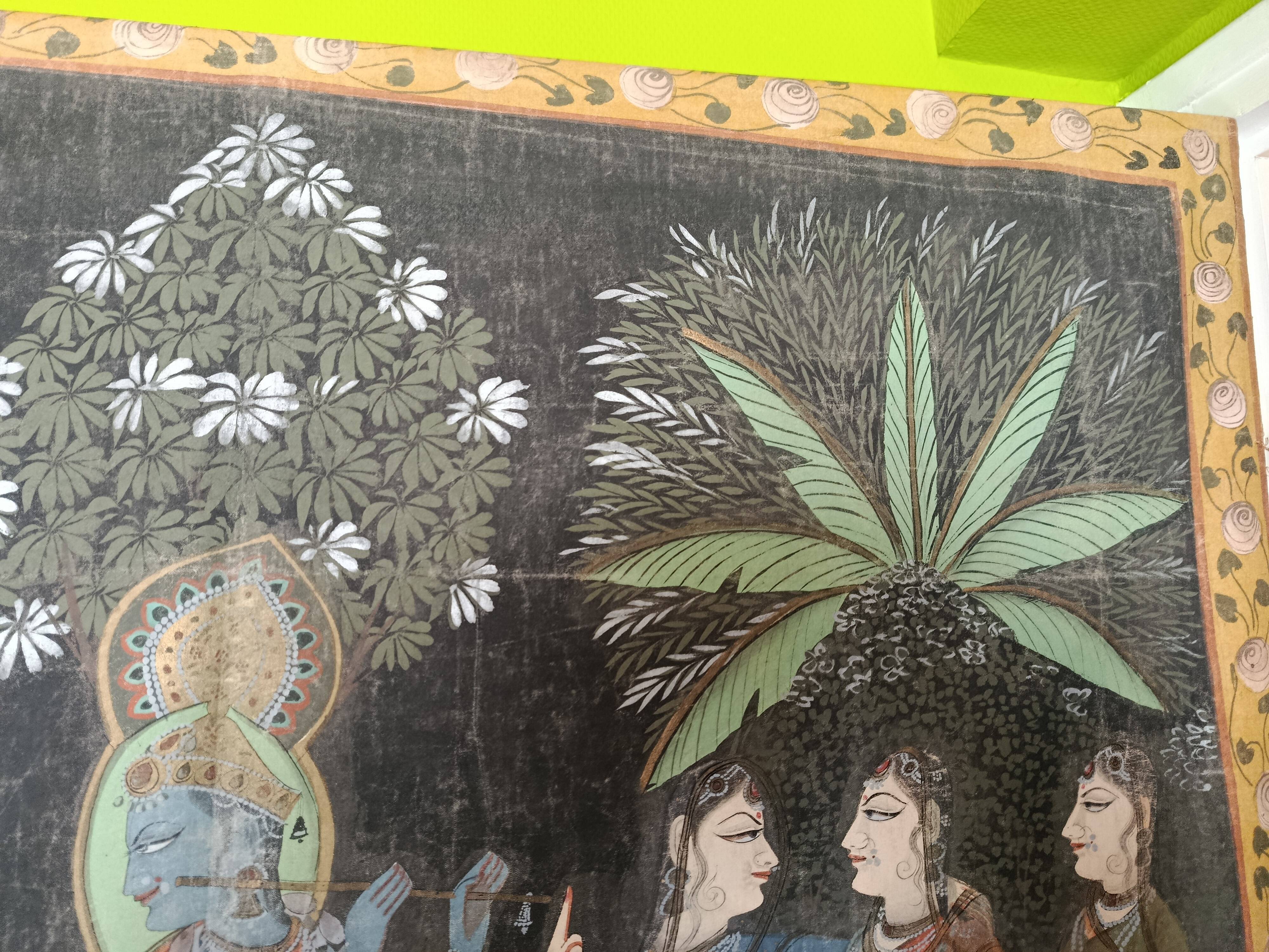 INDIA PICHWAI painting on silk KRISHNA RADHA GOPIS, Kanera Rajasthan mid 20th century