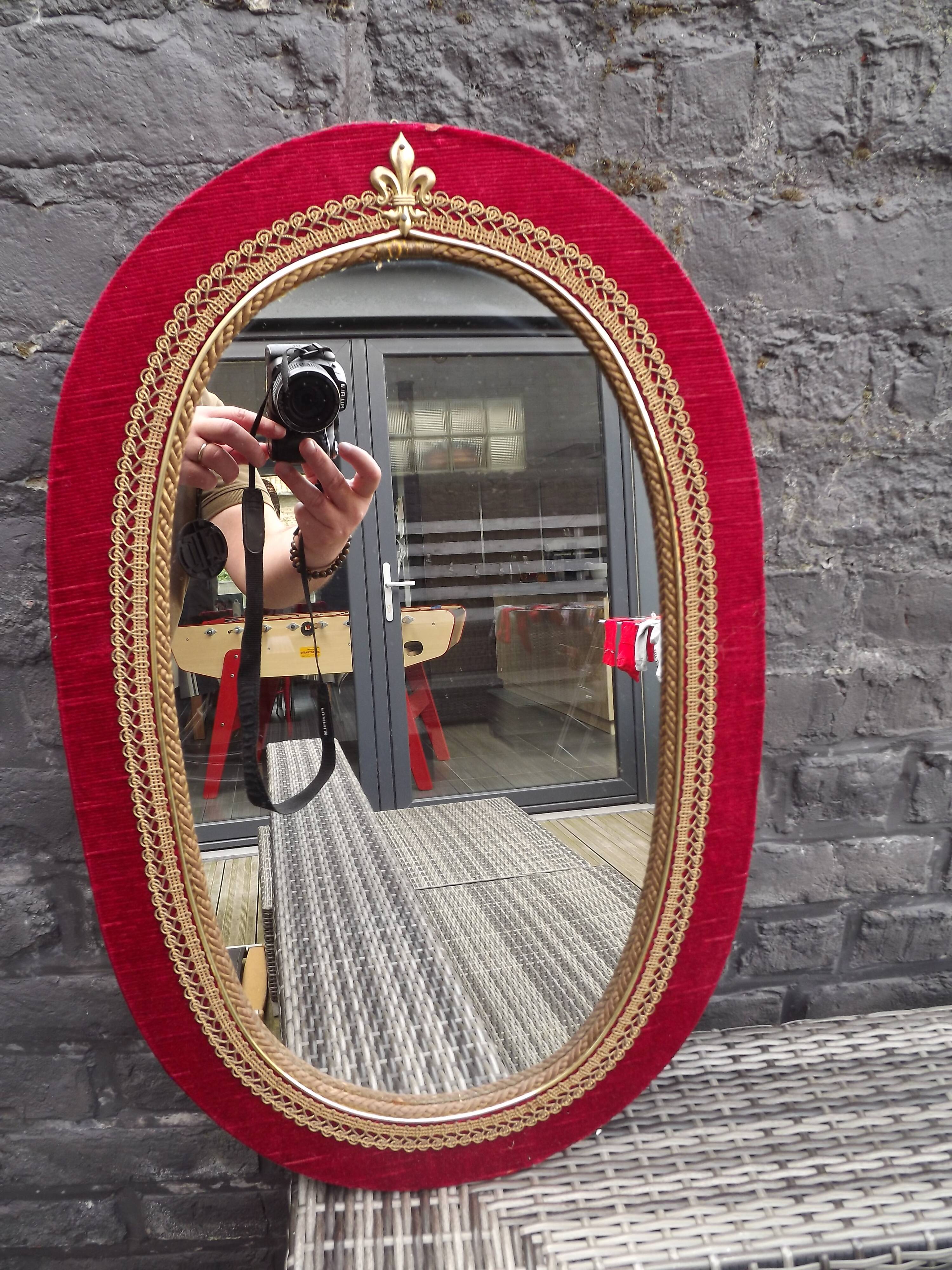60's vintage wooden frame mirror with red velvet
