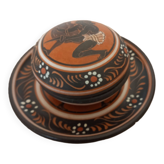 Small handcrafted ceramic box with Greek decor and its matching cup