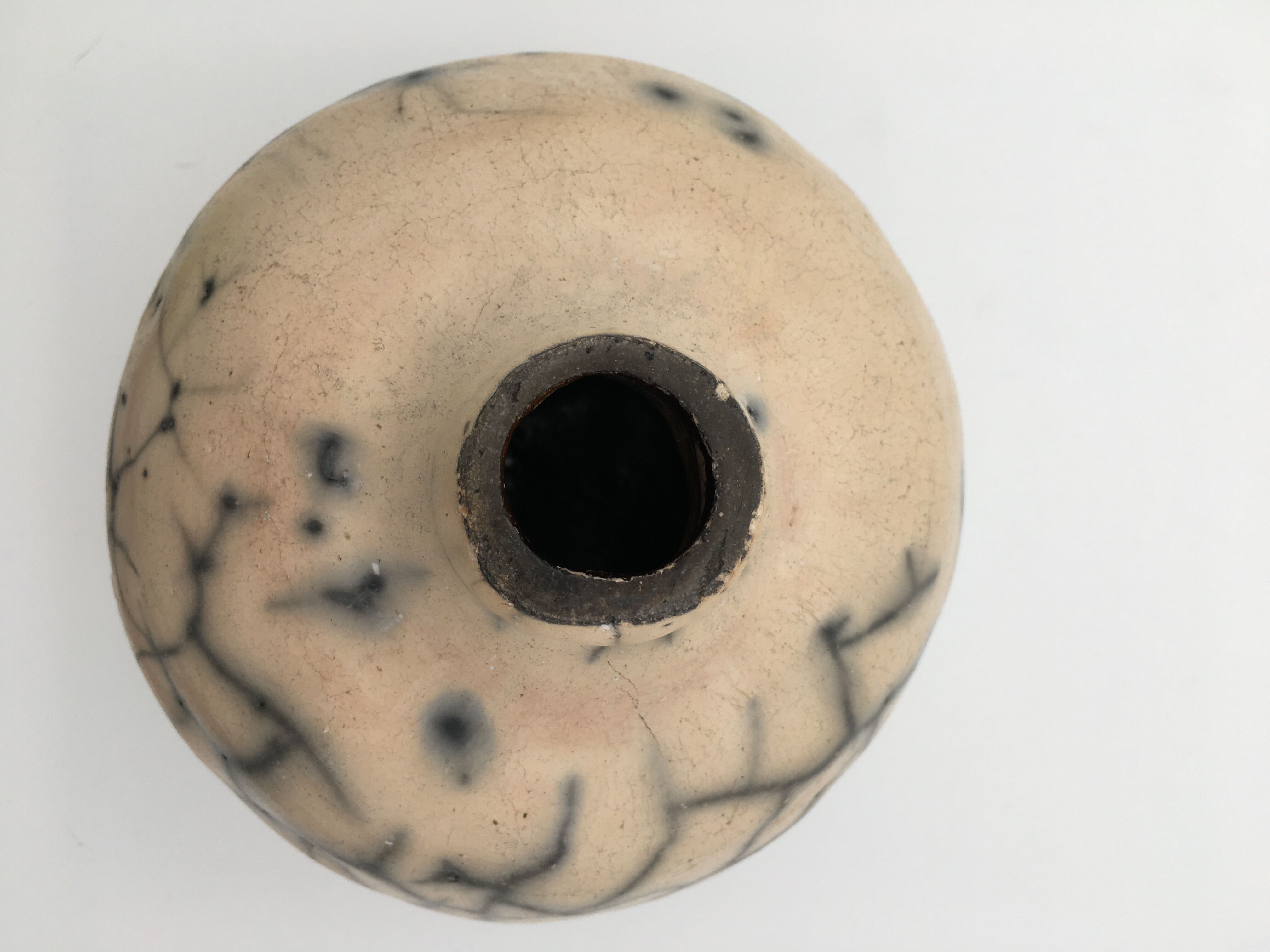 Raku ball vase, beige and black 20th century