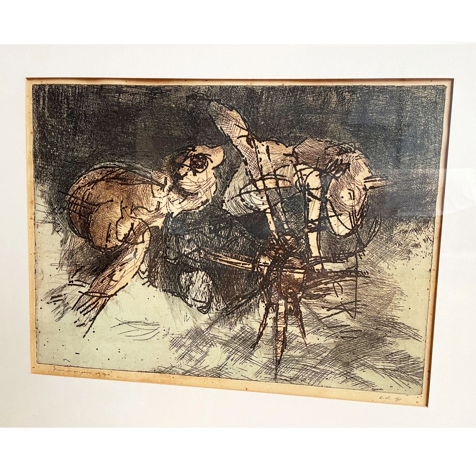 Dutch art print of a jumping frog, 1970, signed and numbered.