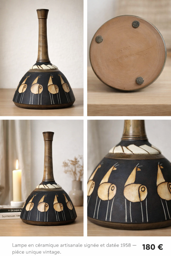 Très belle lampe en céramique artisanale, signée et datée 1958, pièce