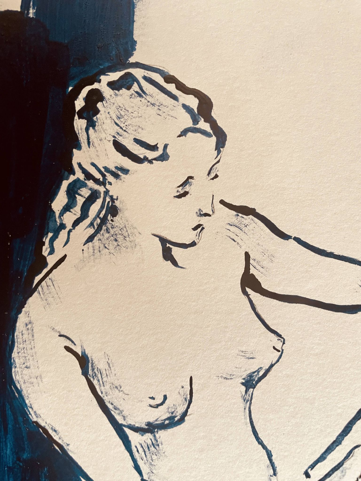 Painting in indigo blue "female model drawing in the studio"