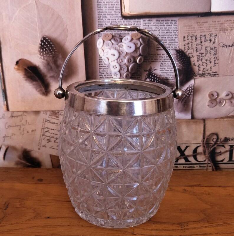 Vintage French barrel-style cut glass ice bucket, decorative metal handle 4506