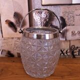 Vintage French barrel-style cut glass ice bucket, decorative metal handle 4506