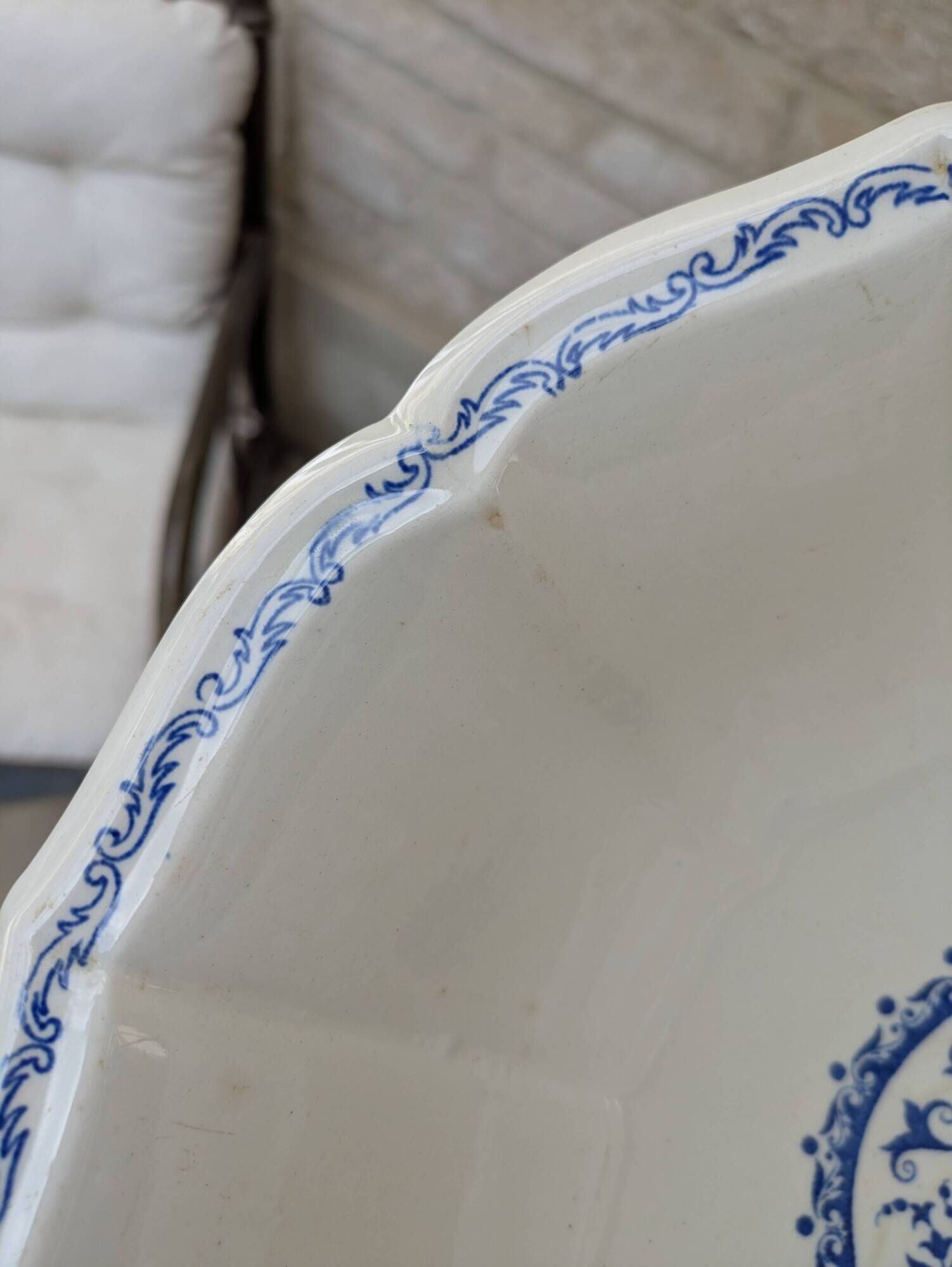 Vintage large salad bowl Gien Rouen model blue arabesques 30x14cm