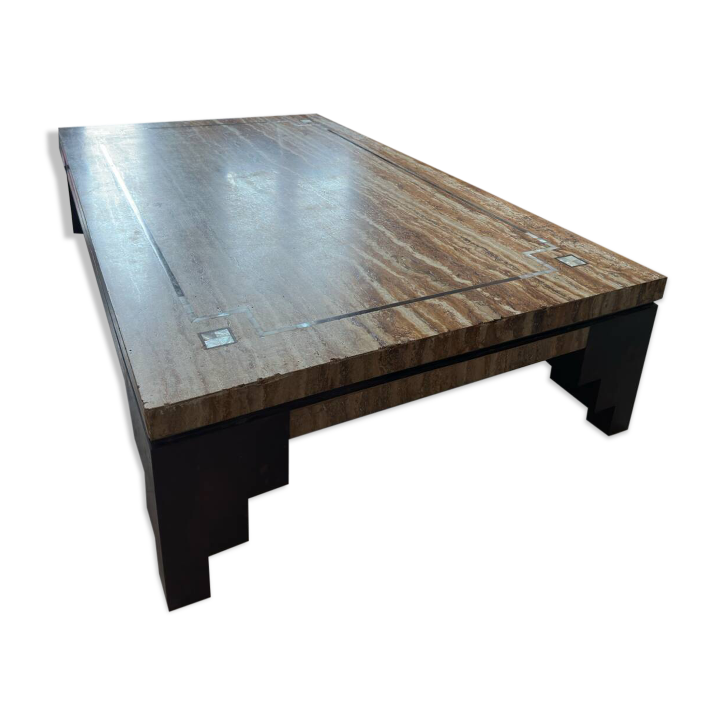 Coffee table in travertine with mother-of-pearl inlays.