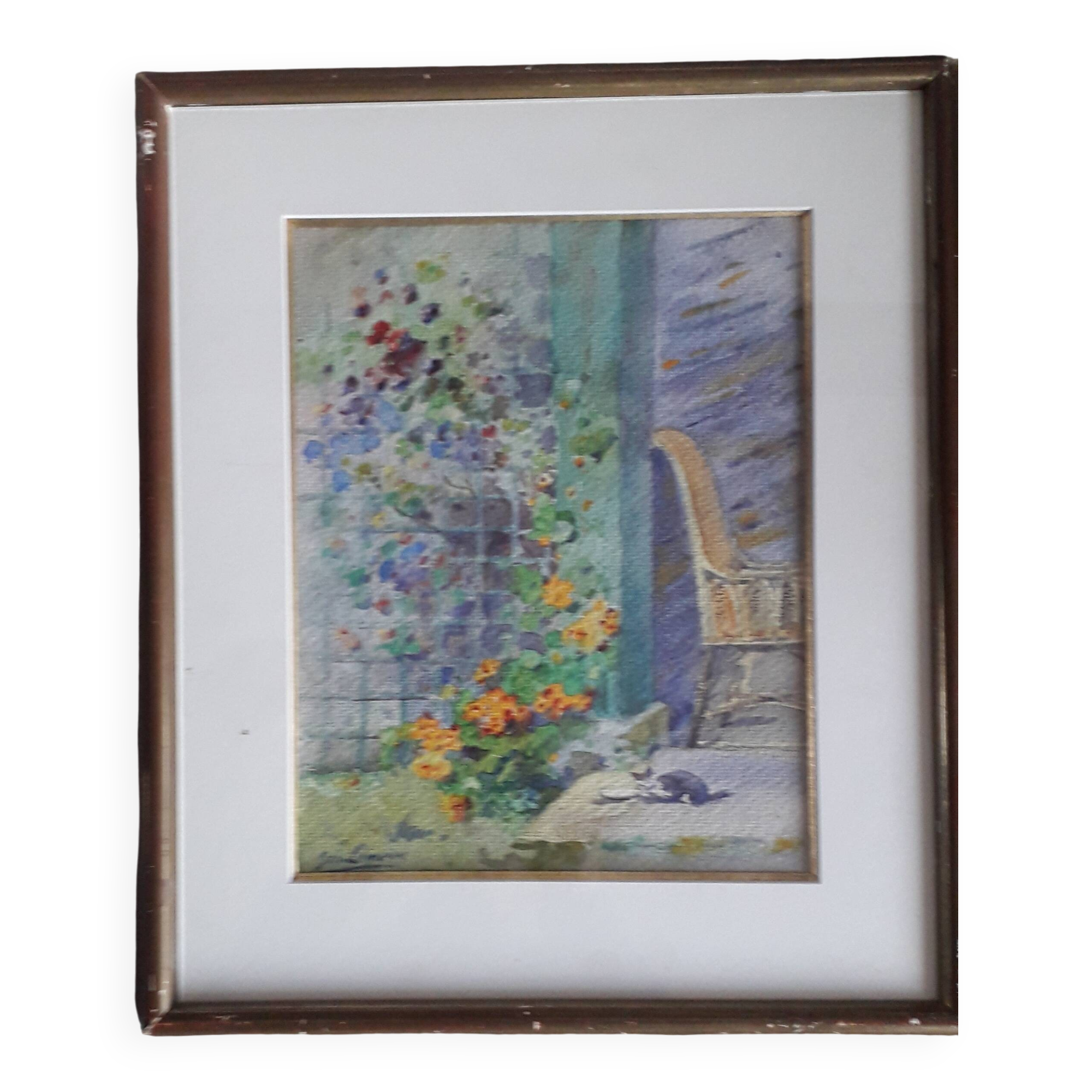 Old painting depicting a landscape with a cat