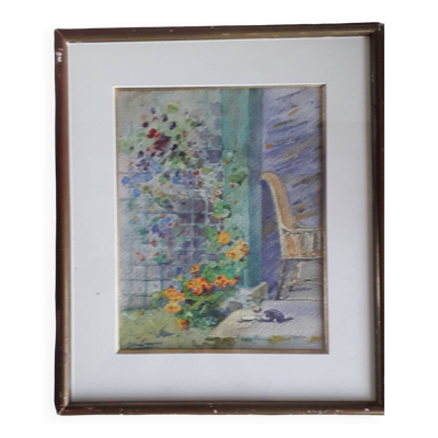 Tableau ancien représentant un paysage avec un chat