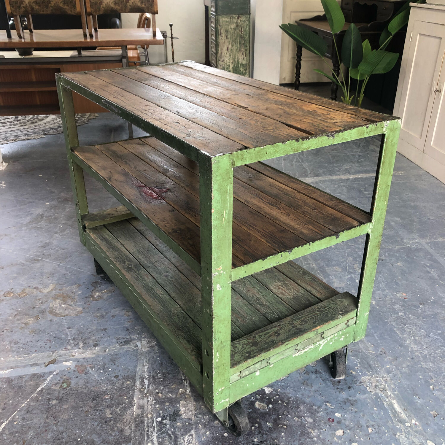 Industrial trolley with shelves, wood and metal