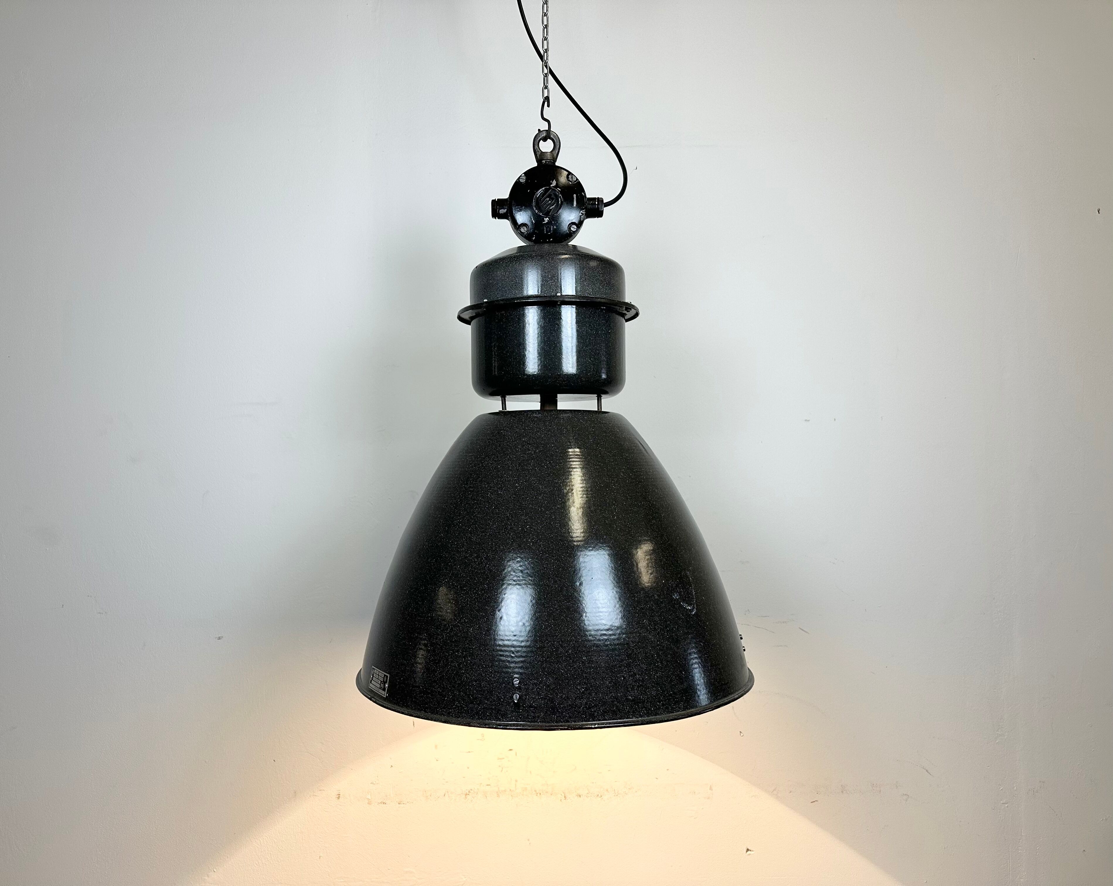 Dark grey enamel industrial factory lamp from elektrosvit, 1960s