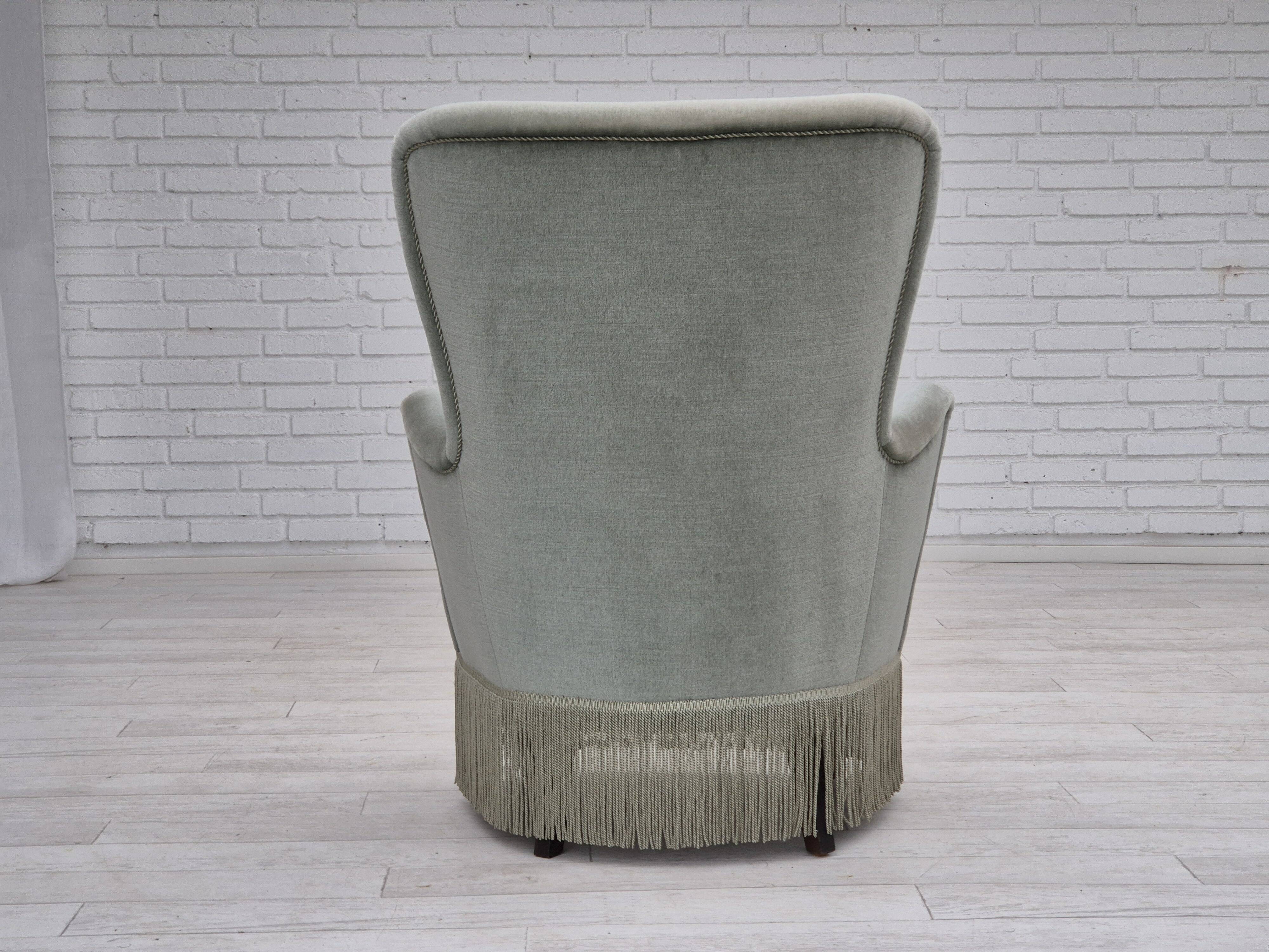 1970s, Danish armchair, original condition, furniture velour, beech wood legs.