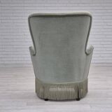 Fauteuil danois des années 1970, état d'origine, tissu d'ameublement velours, pieds en hêtre.