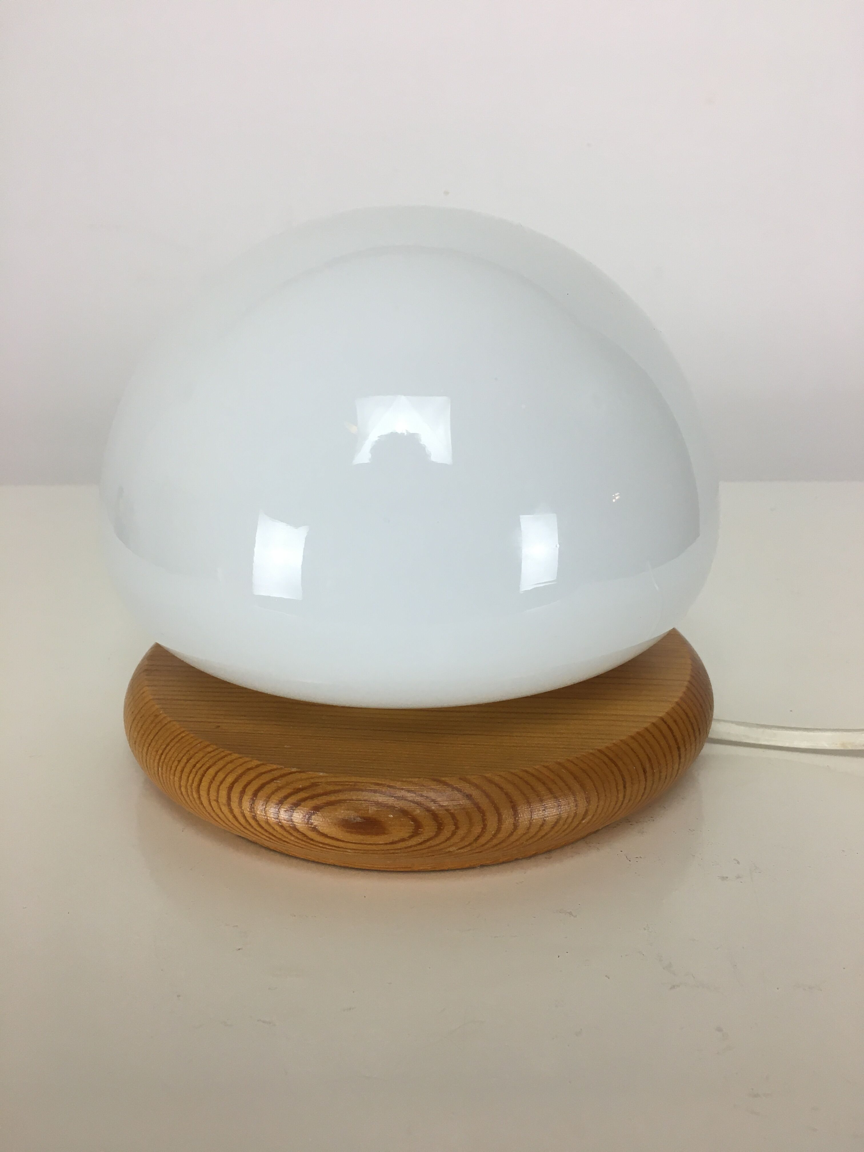 Mushroom lamp, white opaline on pine base