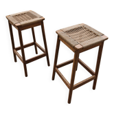 Pair of bar stools in the style of Hans J. Wegner with paper cord seats.