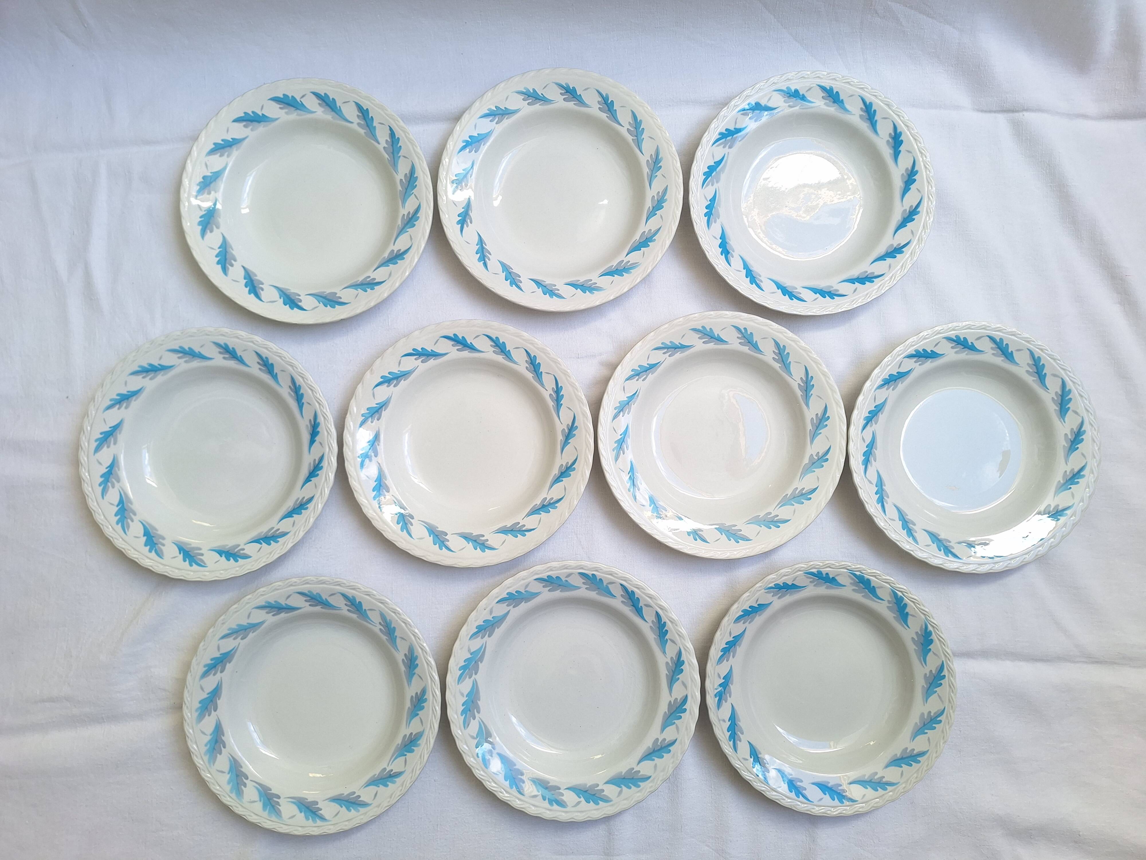 10 Amandinoise soup plates with blue oak leaves