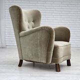 1960s, Danish armchair, green furniture velour, oak wood legs.