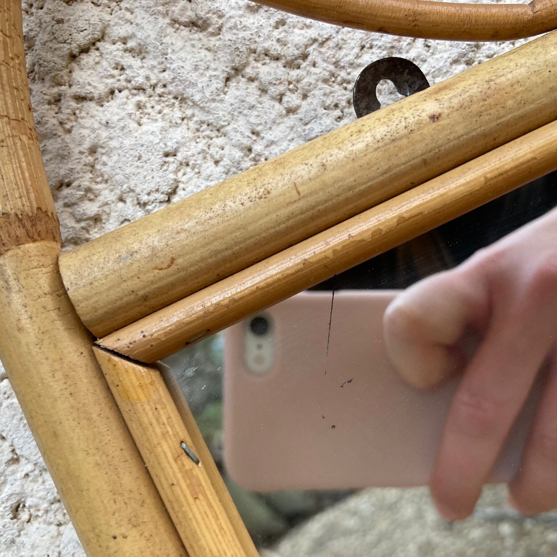 Vintage rattan wall shelf with mirror
