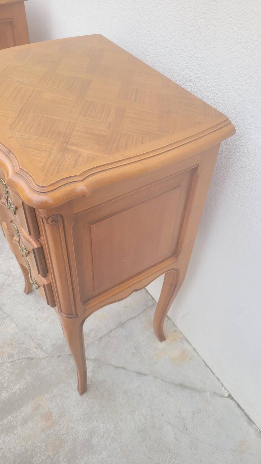 Pair of Louis xv style bedside tables in cherry wood, 3 drawers