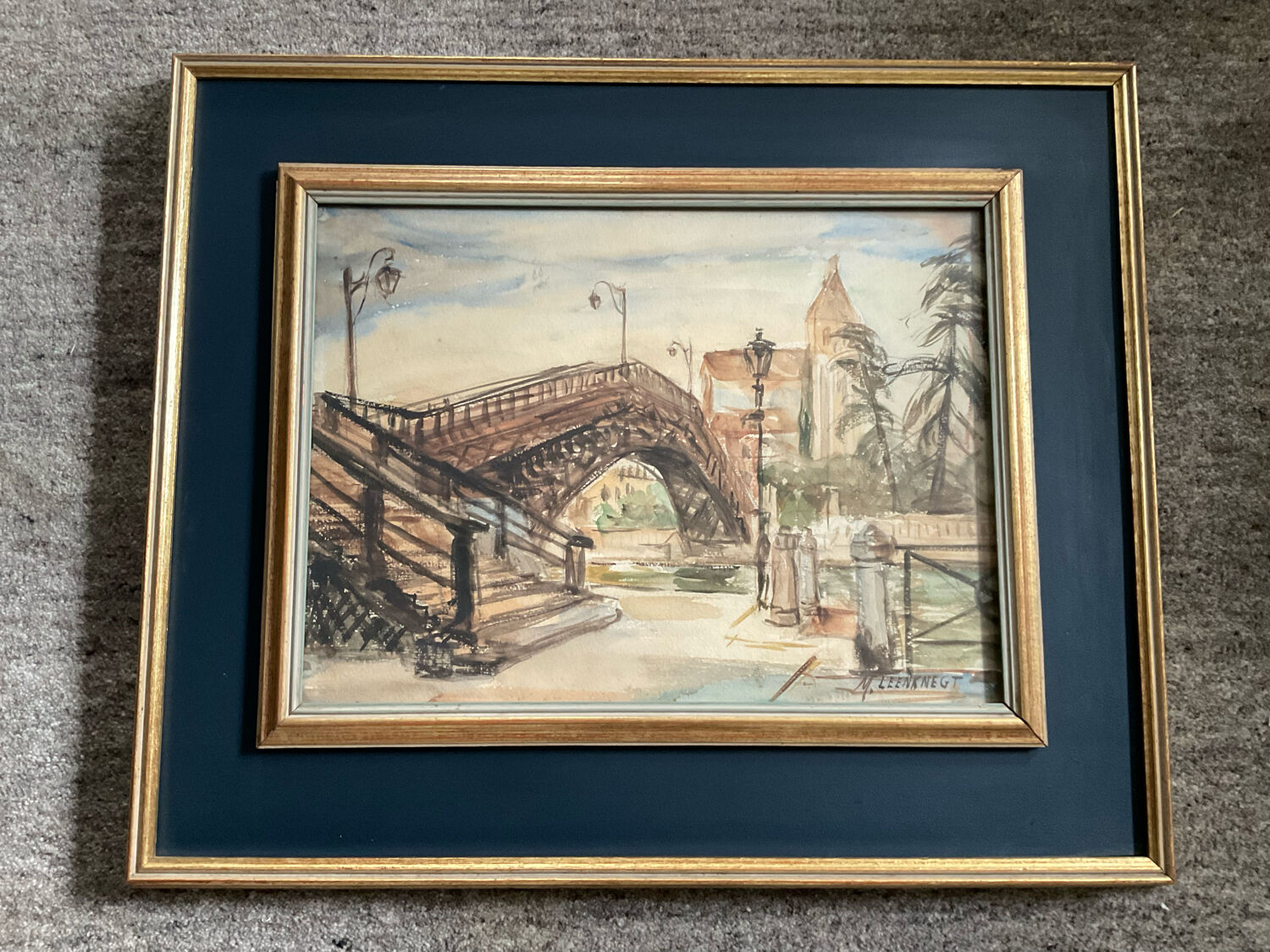 Tableau aquarelle signée avec cadre en bois doré