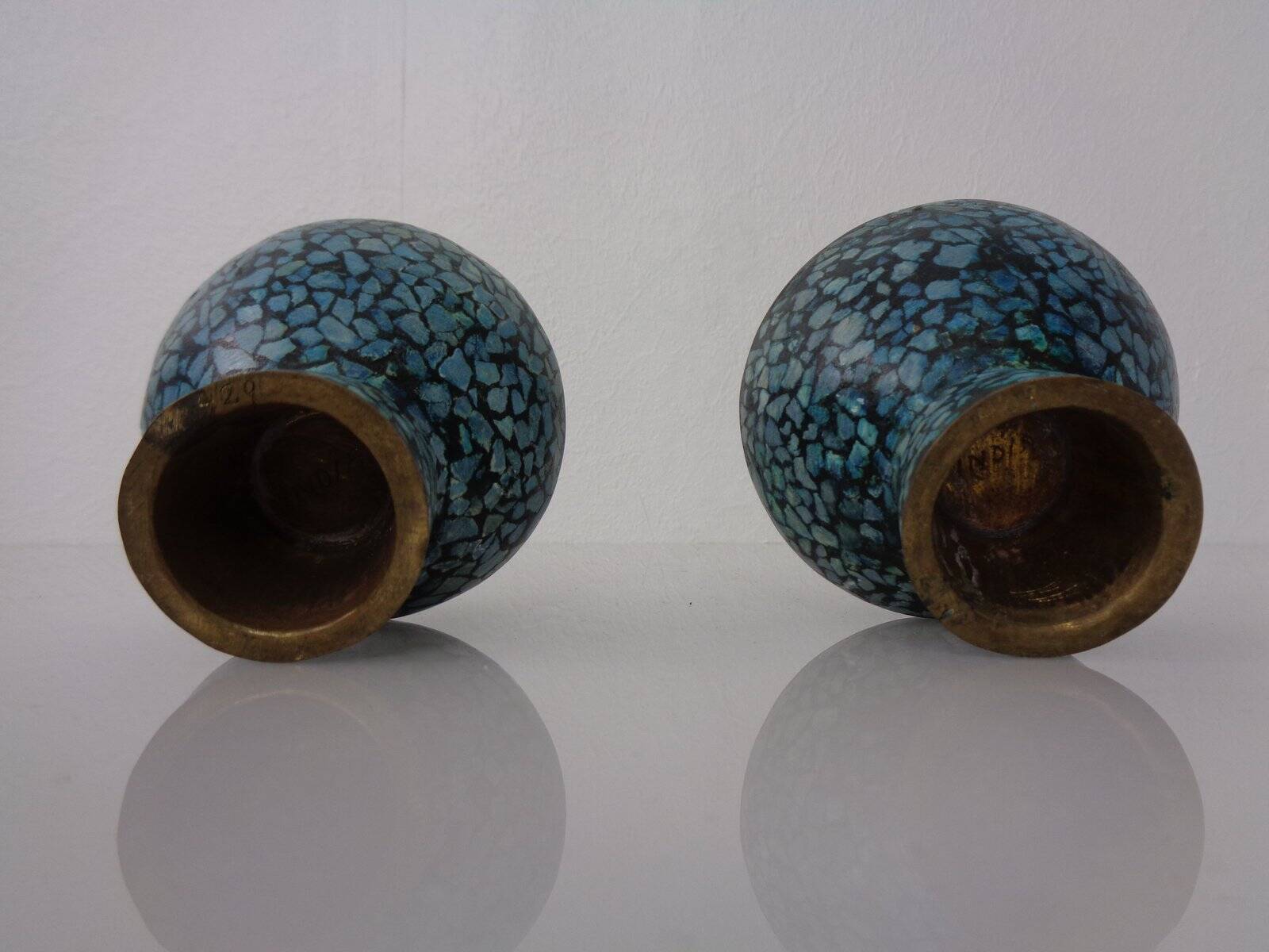 Vintage Indian Copper & Turquoise Stone Ashtrays, 1960s, Set of 2