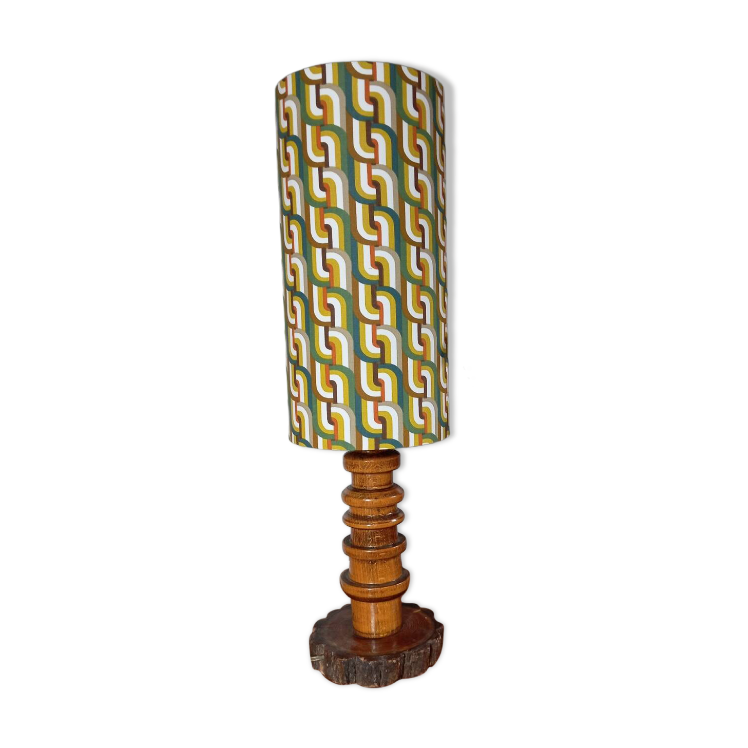 Vintage brutalist wooden table lamp, space age printed lampshade