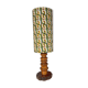 Vintage brutalist wooden table lamp, space age printed lampshade