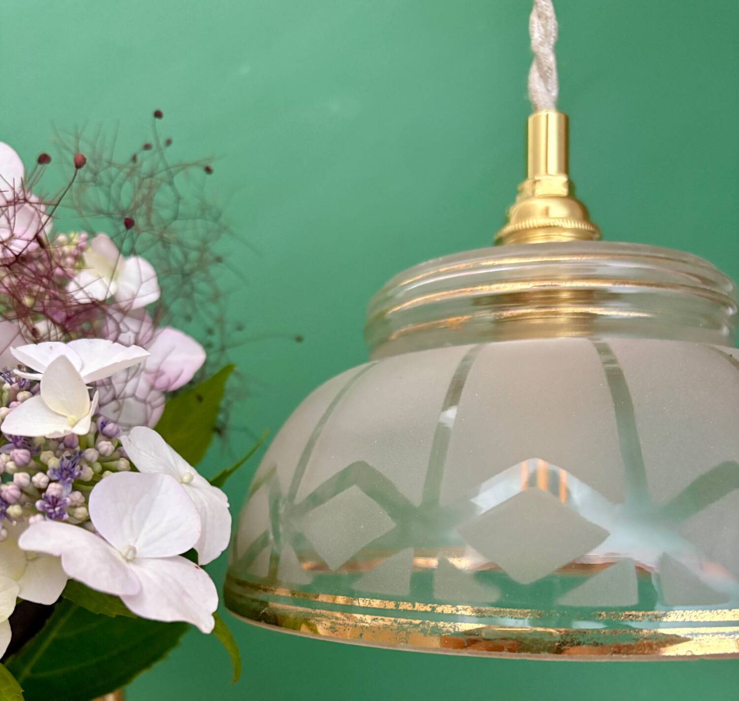 Vintage pendant lamp shade in white and gold frosted glass