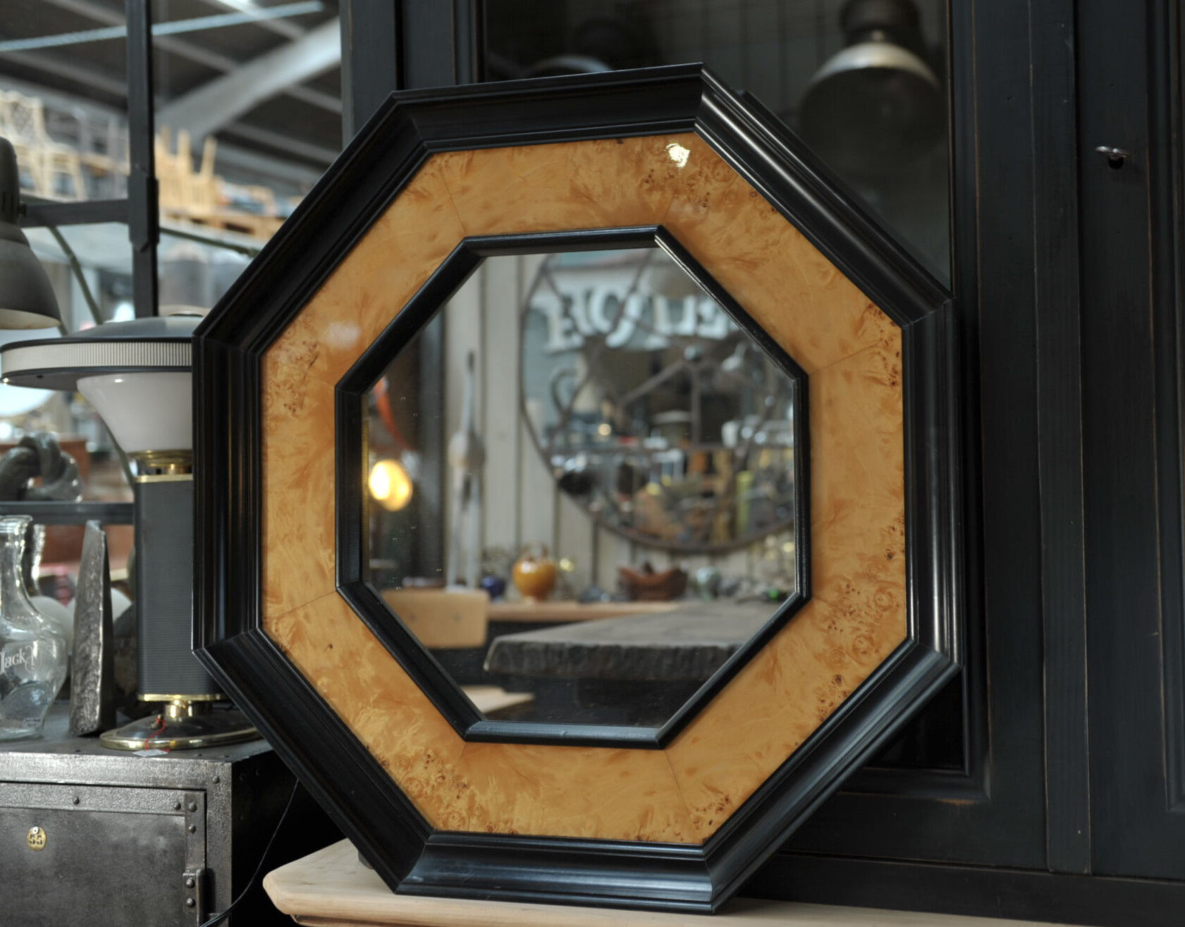 Octagonal vintage wooden mirror of the 1970s - 72cm
