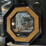 Octagonal vintage wooden mirror of the 1970s - 72cm