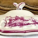 Antique large Gien vegetable soup tureen, pink landscape model, 1938/1960