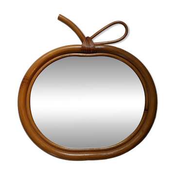 Miroir vintage pomme en rotin bambou années 70