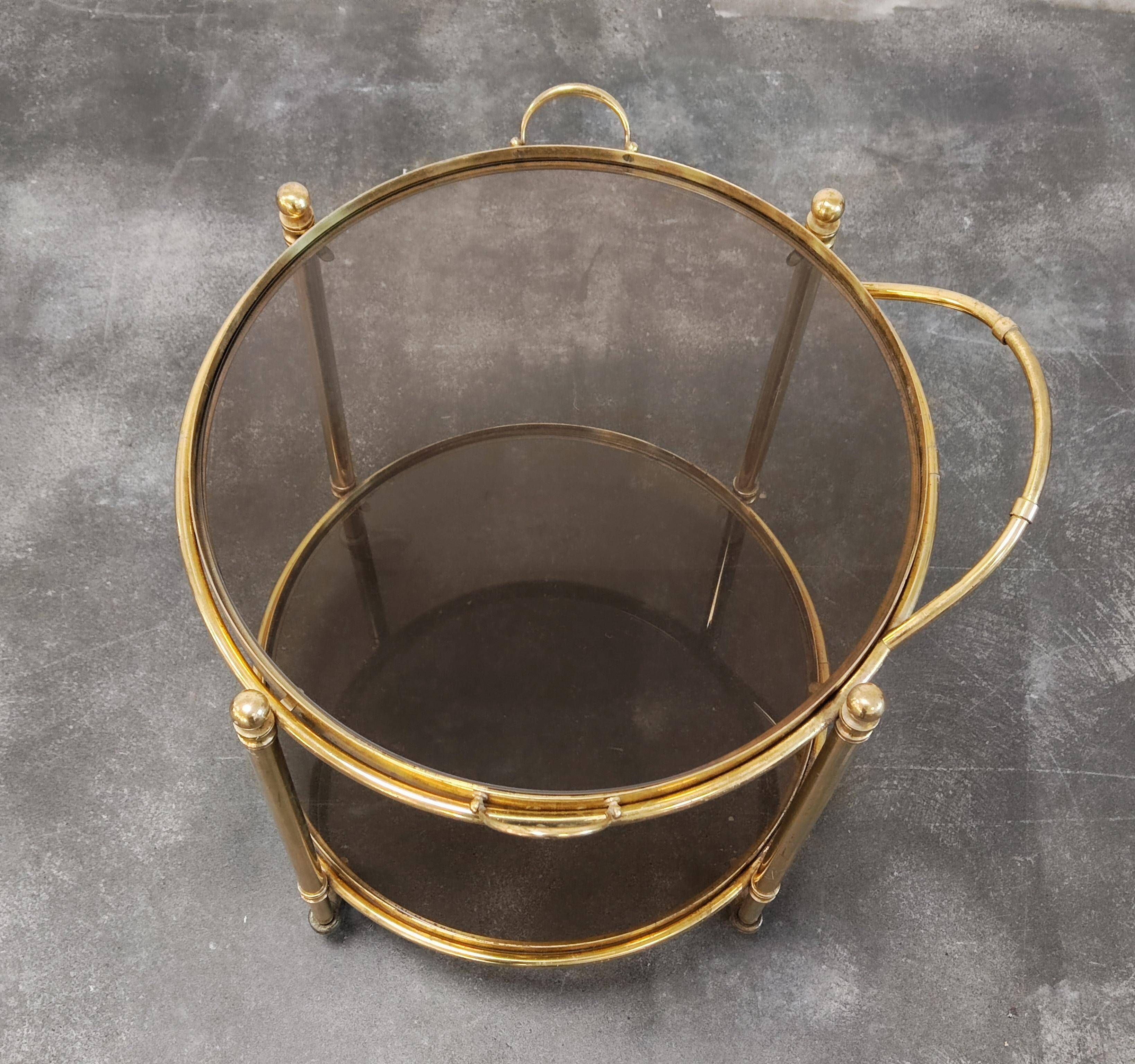 Hollywood Regency bar cart in bronze and smoked glass, 1950s