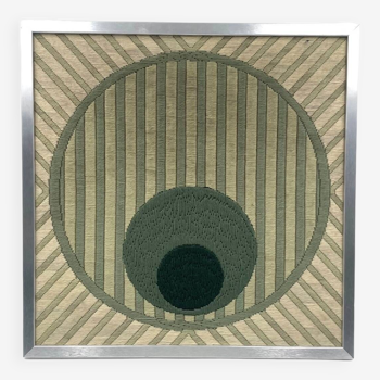 Abstract geometric green framed tapestry, Janine Gord, France 1979