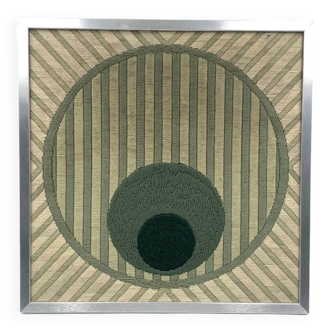 Tapisserie abstraite géométrique encadrée verte, Janine Gord, France 1979