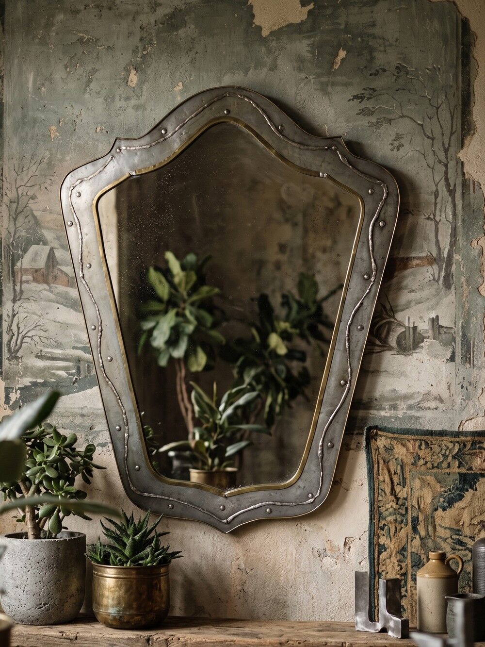 Brutalist mirror by Jean Goardère, brass and tin, 1970s.