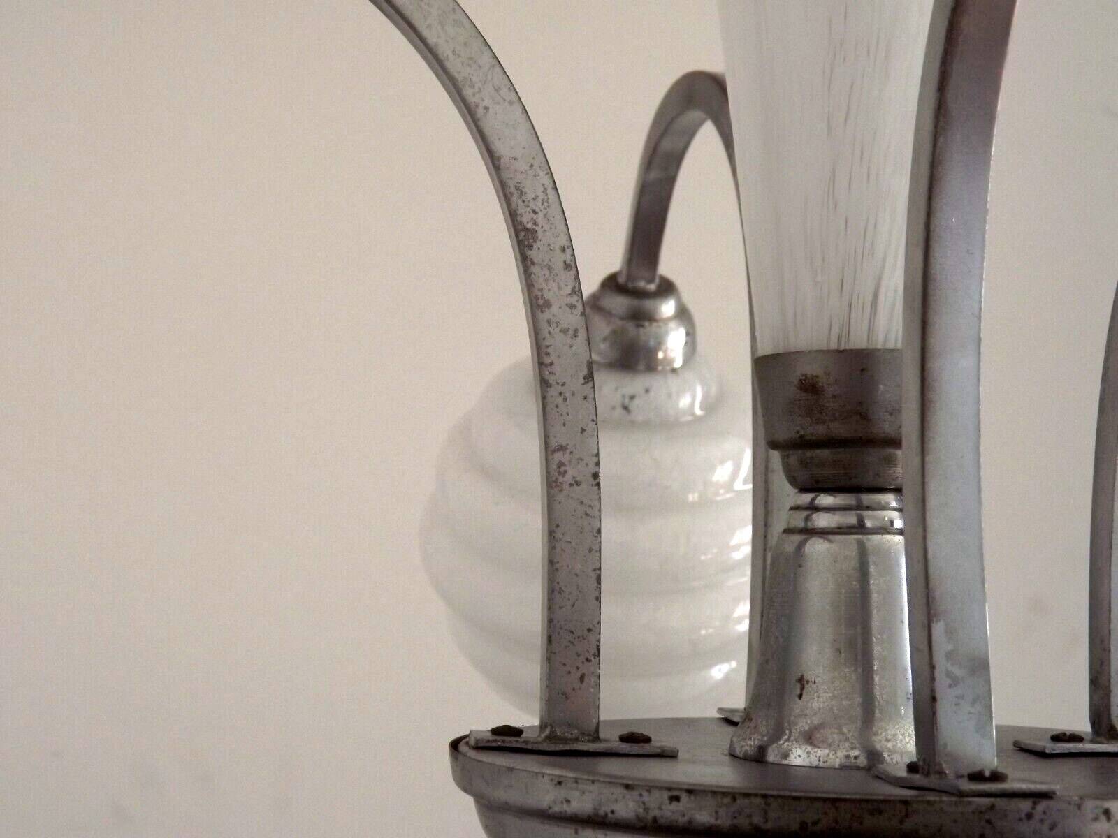 French Art Deco chandelier in silver-finished brass with 5 lights, Clichy white glass 4456.