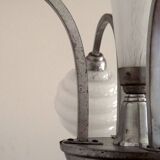 French Art Deco chandelier in silver-finished brass with 5 lights, Clichy white glass 4456.