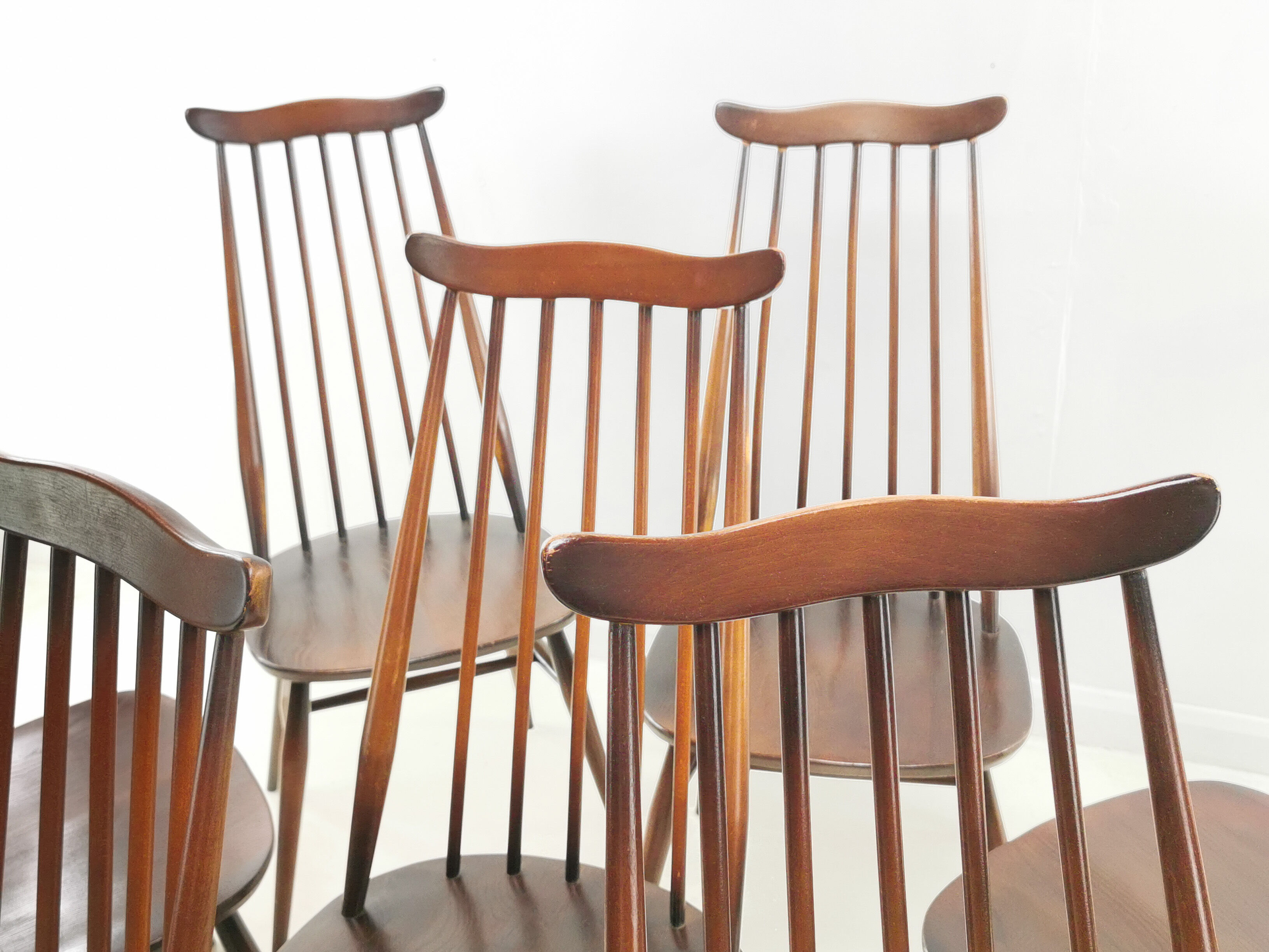 Set of eight vintage Ercol elm & beech Goldsmiths dining chairs mid century