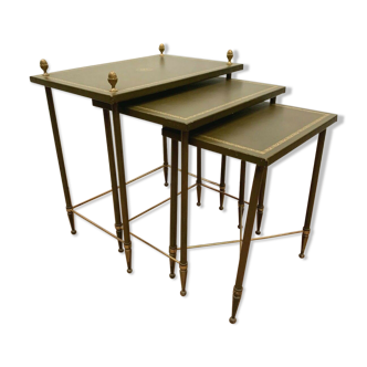 Three side tables in brass and green leather XX century