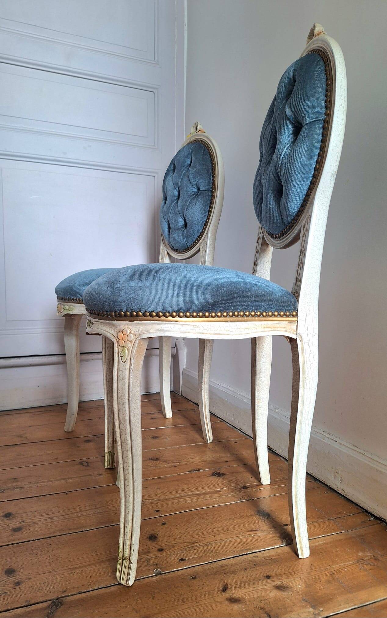Pair of antique medallion chairs, boudoir seats in Louis XV style.