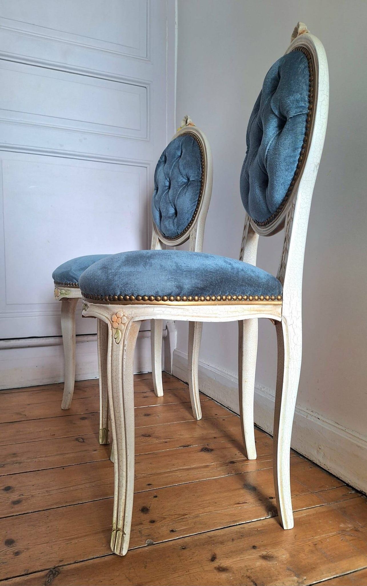 Pair of antique medallion chairs, boudoir seats in Louis XV style.