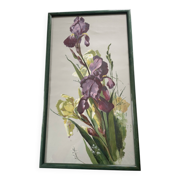 Ancienne peinture à l'huile sur papier – Bouquet d’iris – Encadrée — Beyit