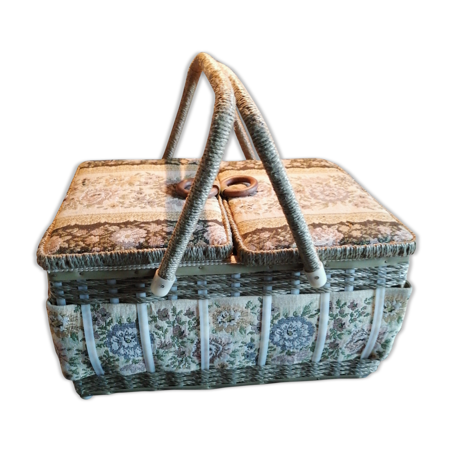 Box basket sewing 2 handles fabric 1960 1970